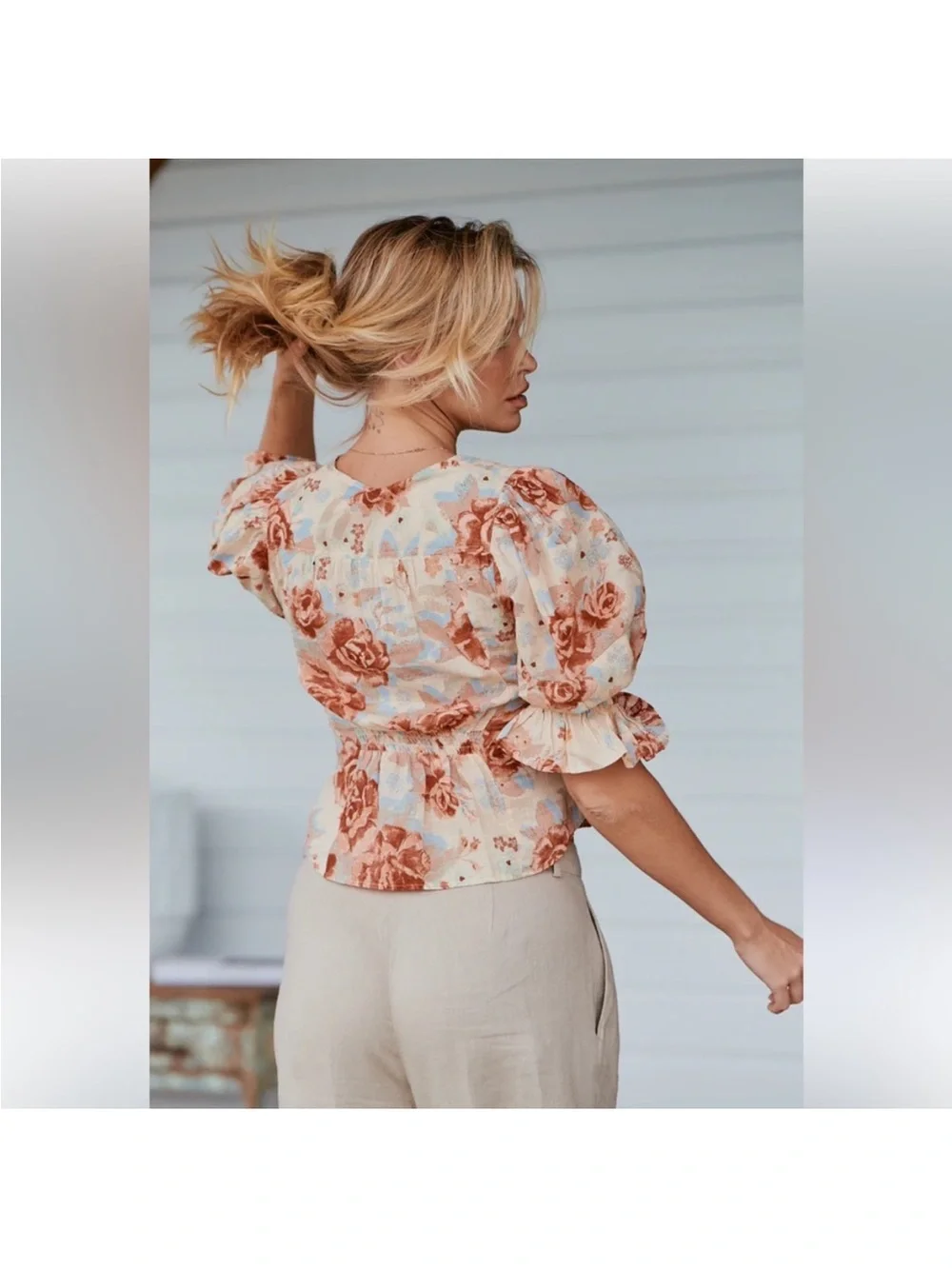 Free People I Found You Printed Top Boho Floral Puff Sleeve Blouse Cream size xs